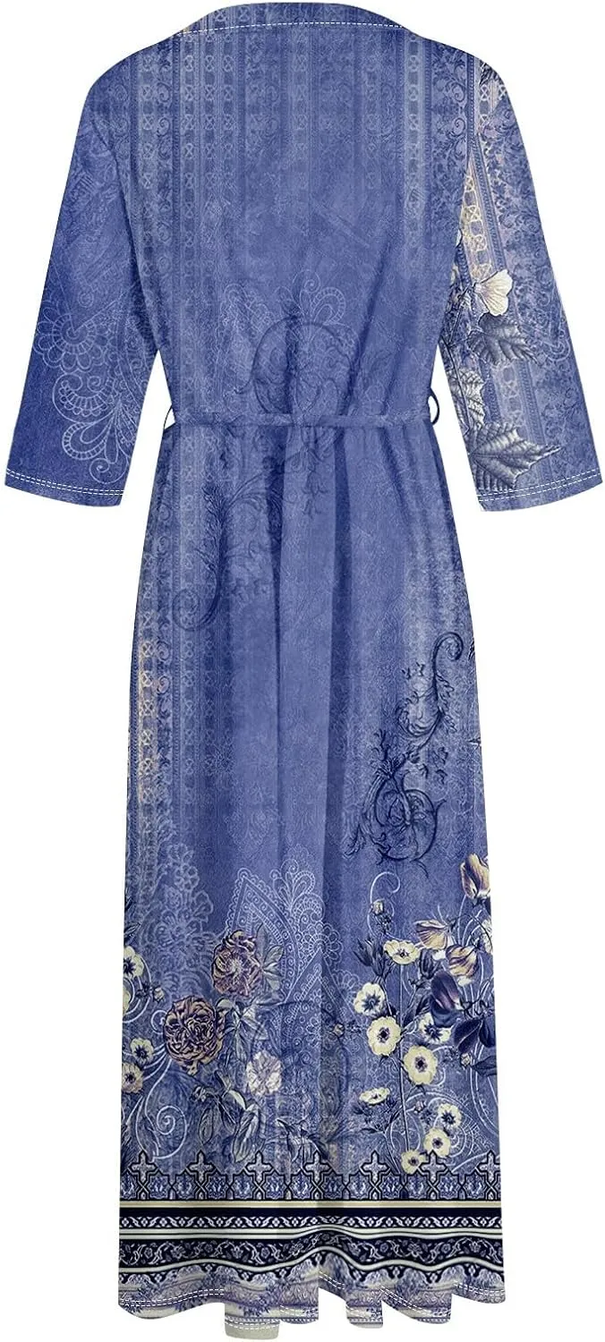 Womens Summer Dresses 3/4 Sleeve Lapel Neck Button Cute A Line Lace-Up Dress Boho Floral Vacation Beach Maxi Dress