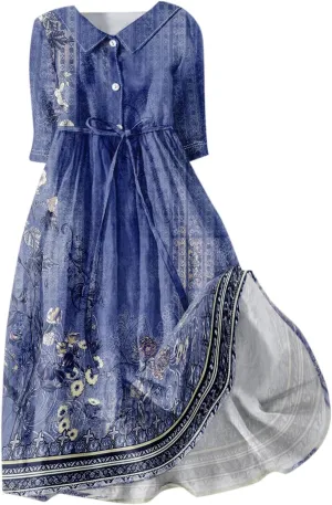 Womens Summer Dresses 3/4 Sleeve Lapel Neck Button Cute A Line Lace-Up Dress Boho Floral Vacation Beach Maxi Dress