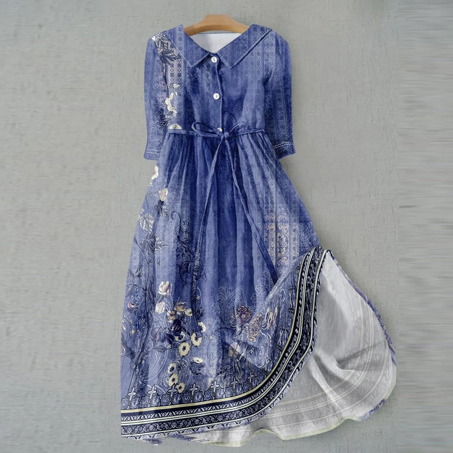 Womens Summer Dresses 3/4 Sleeve Lapel Neck Button Cute A Line Lace-Up Dress Boho Floral Vacation Beach Maxi Dress