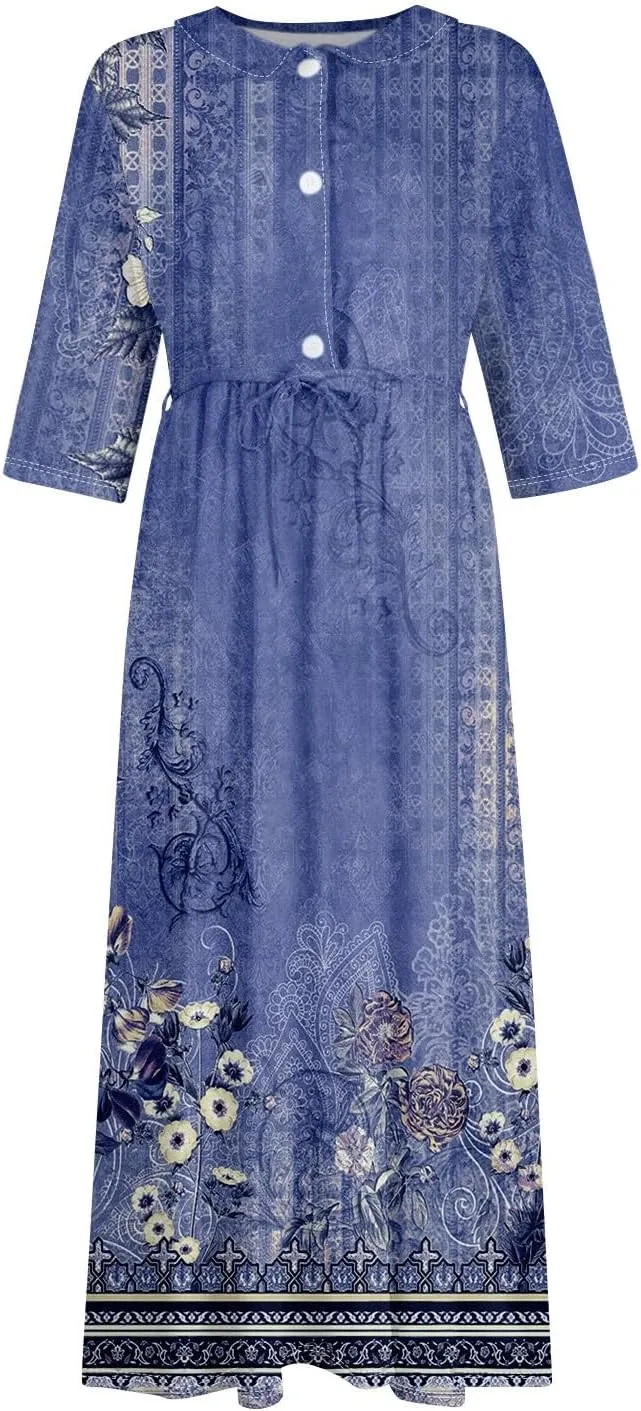 Womens Summer Dresses 3/4 Sleeve Lapel Neck Button Cute A Line Lace-Up Dress Boho Floral Vacation Beach Maxi Dress