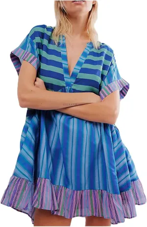 Womens Summer Dresses Short Sleeve V Neck Casual Beach Dresses Vintage Boho Dress A-Line Swing Mini Babydoll Dress