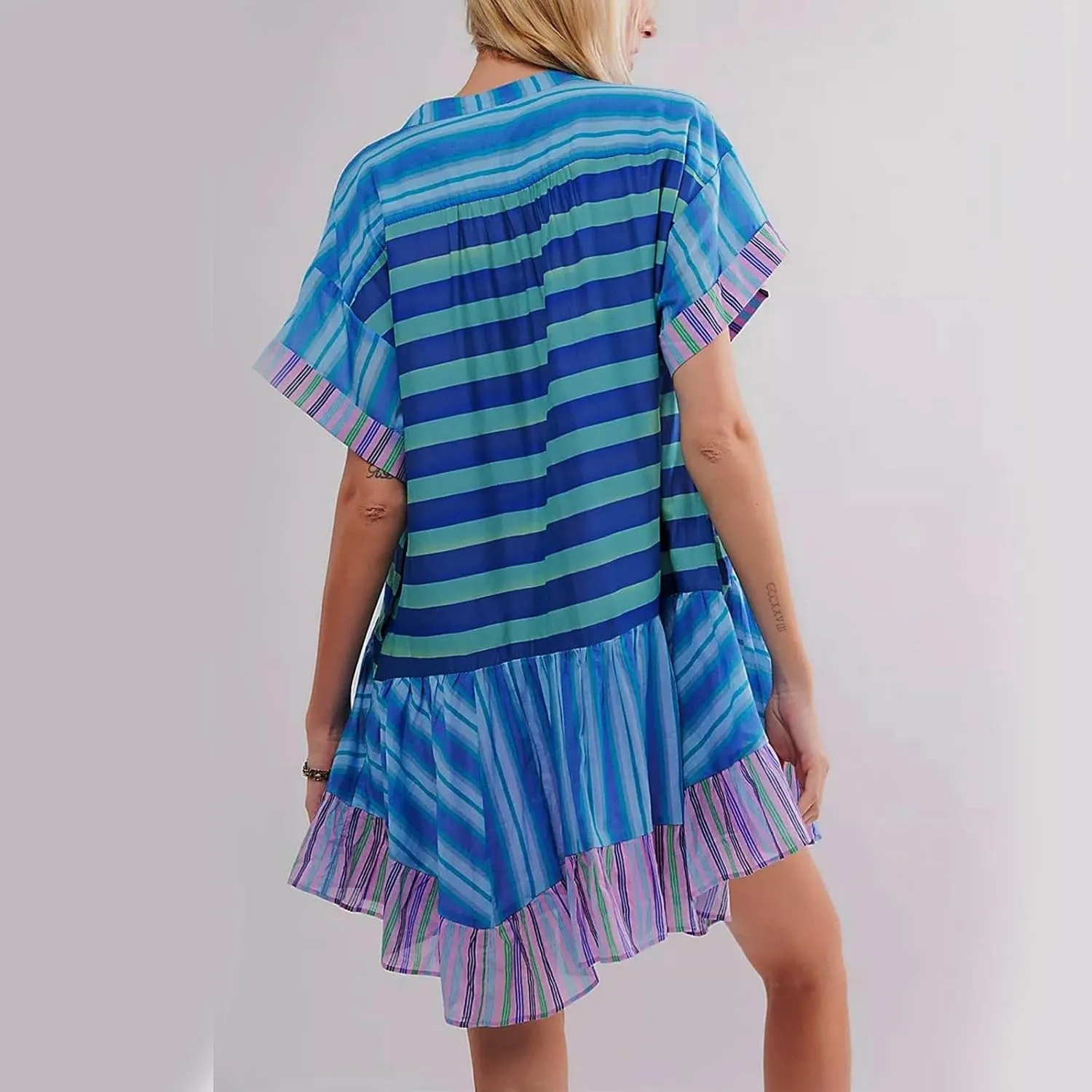 Womens Summer Dresses Short Sleeve V Neck Casual Beach Dresses Vintage Boho Dress A-Line Swing Mini Babydoll Dress