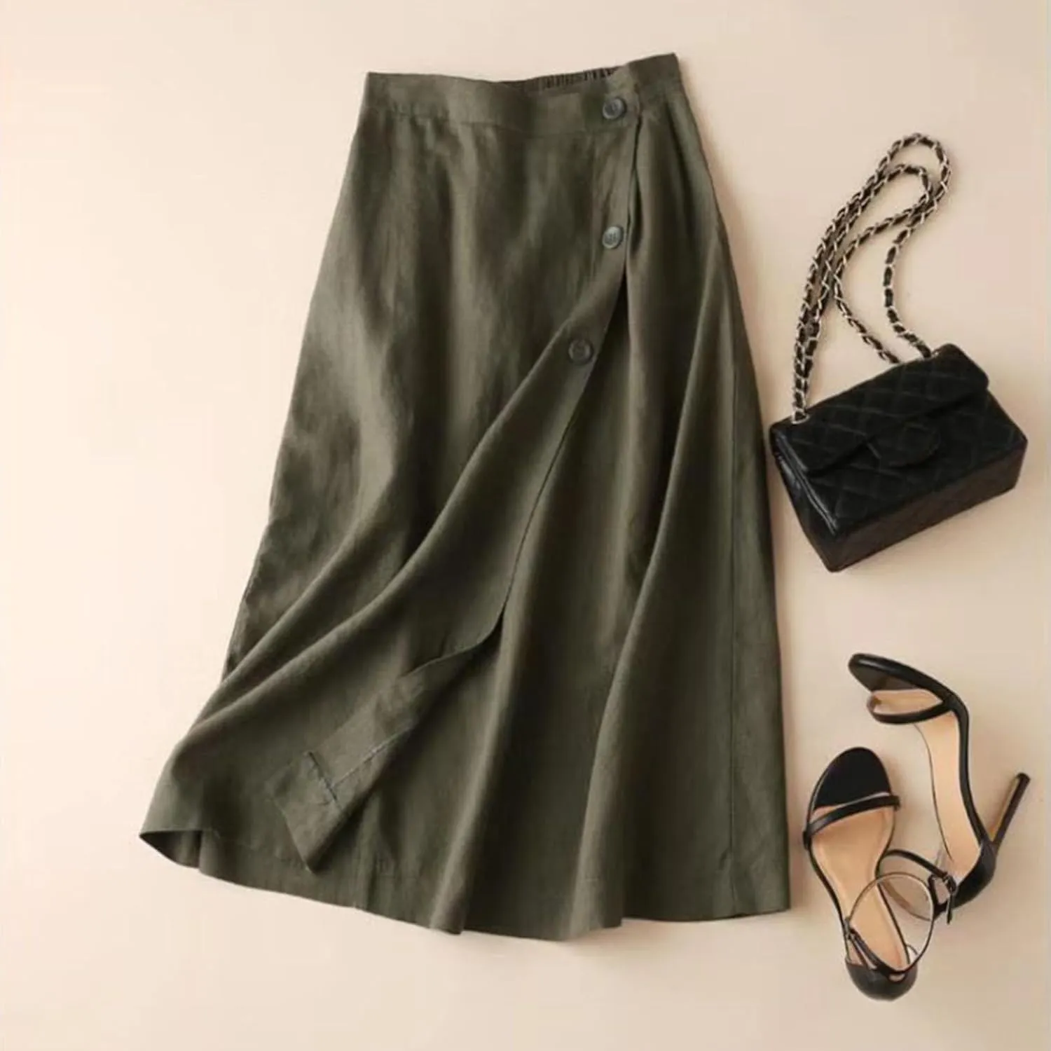 Women's Summer Elastic Swing Midi A Line Skirt Button Front High Waist Skirts Casual Trendy Beach Western Skirts