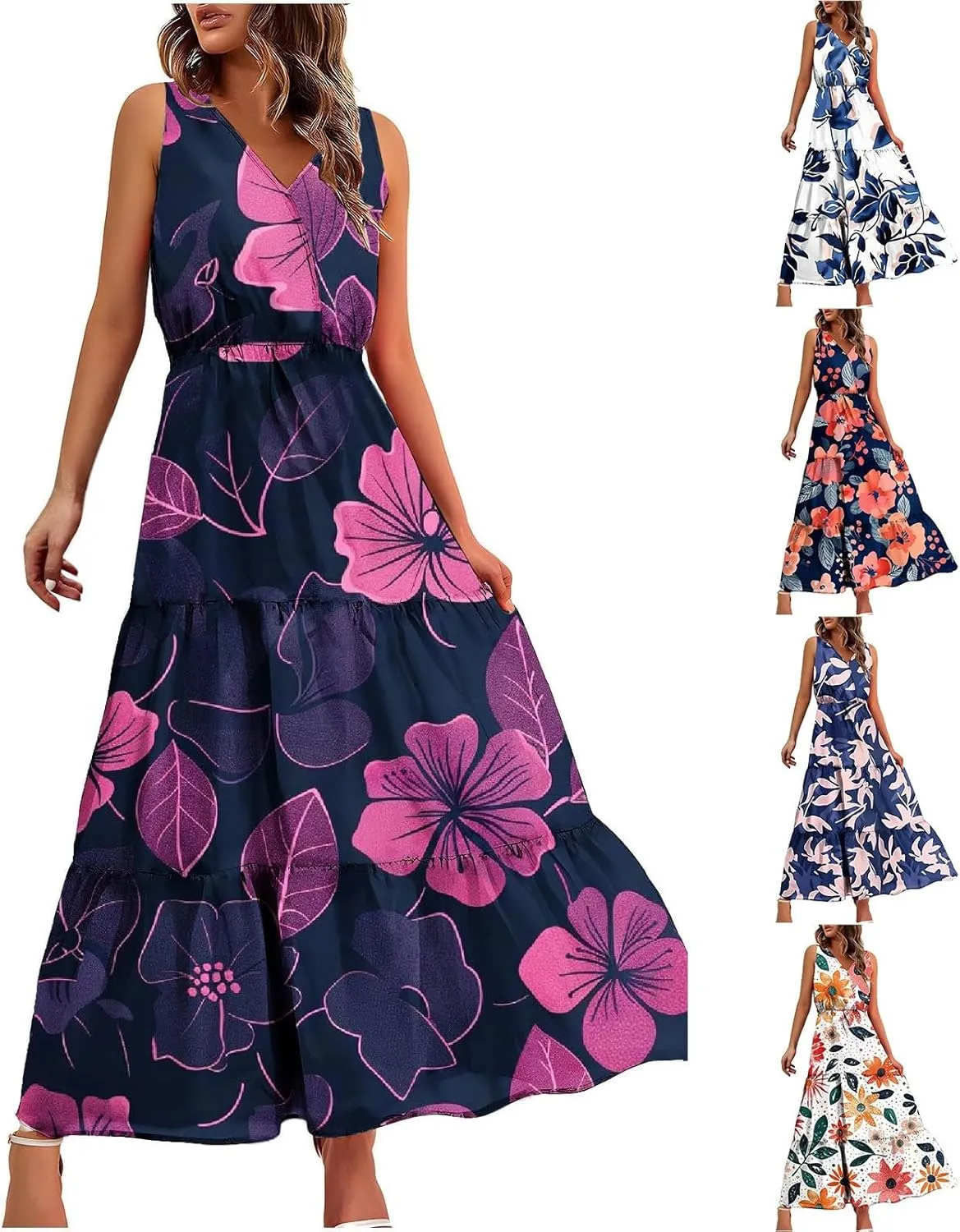 Womens Summer Floral Maxi Dresses Party Beach Vacation Dress Sleeveless High Waisted Tunic Ruffle Swing Sundress