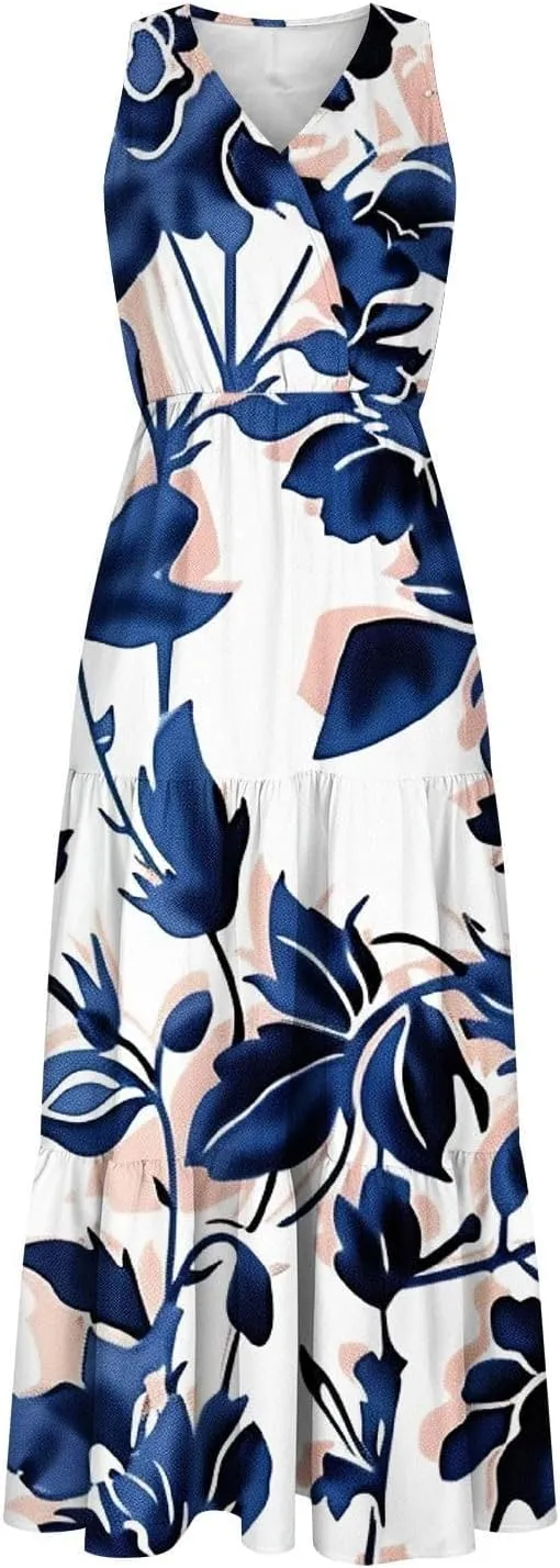 Womens Summer Floral Maxi Dresses Party Beach Vacation Dress Sleeveless High Waisted Tunic Ruffle Swing Sundress