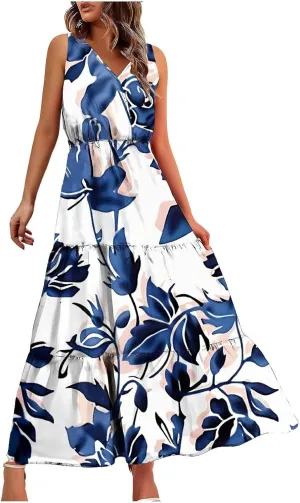 Womens Summer Floral Maxi Dresses Party Beach Vacation Dress Sleeveless High Waisted Tunic Ruffle Swing Sundress