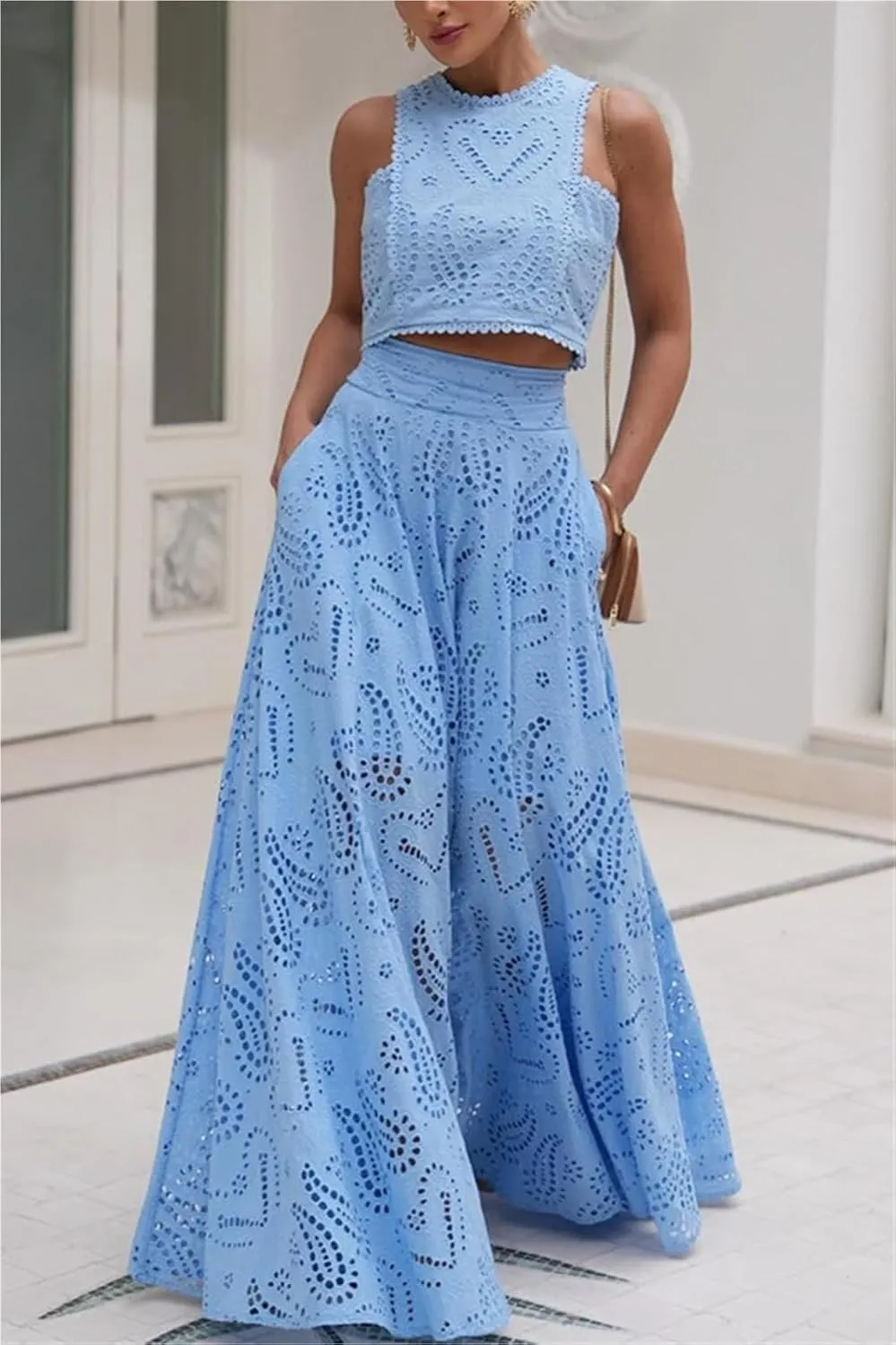 Women's Summer Long Skirt - Lace Embroidery Skirt with Pocket Casual Vacation Club Party Dress 2025(Blue,Large)