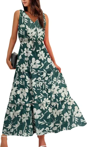 Women's Summer Maxi Dress Casual Boho Floral V Neck Sleeve Ruffle Hem Beach Long Dresses
