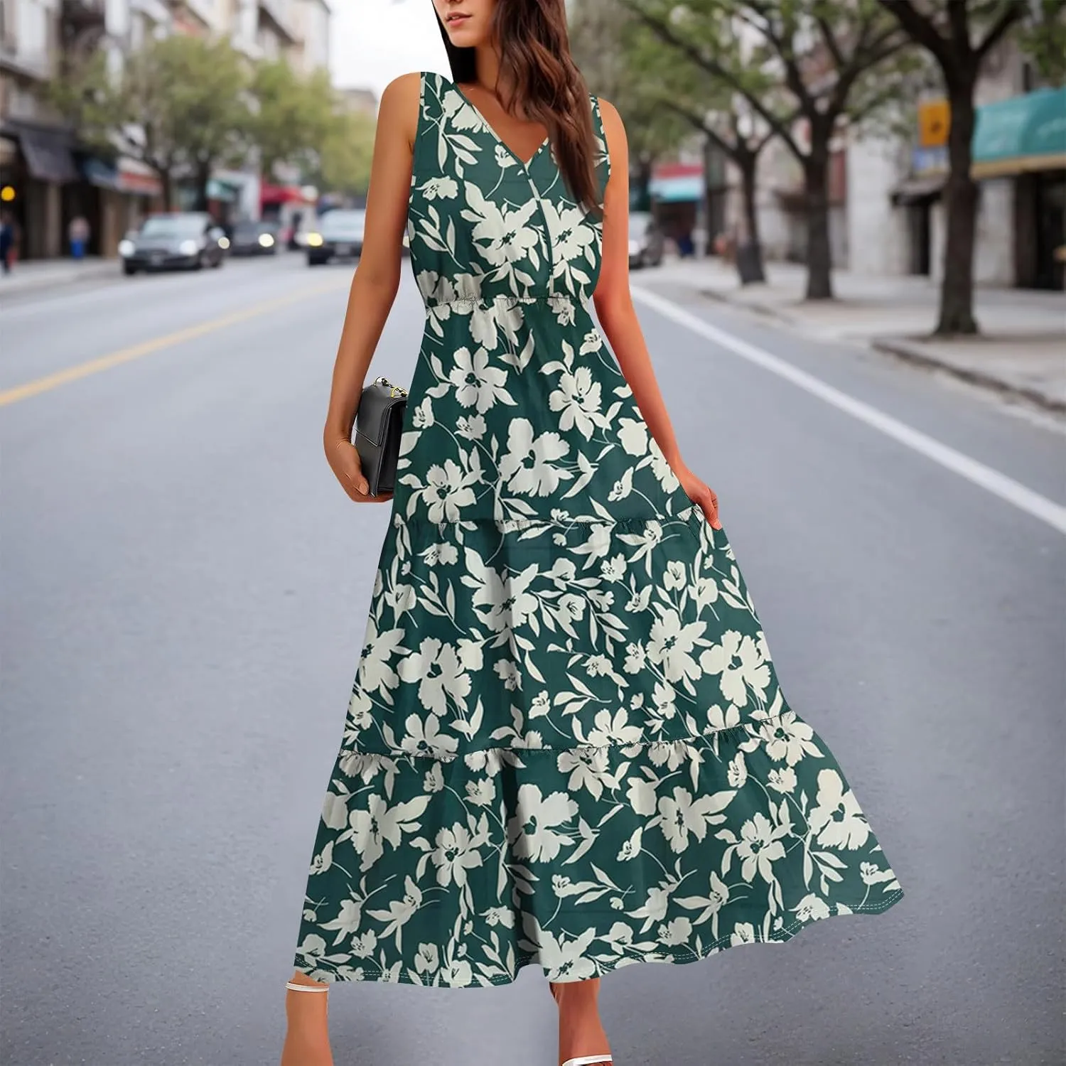 Women's Summer Maxi Dress Casual Boho Floral V Neck Sleeve Ruffle Hem Beach Long Dresses