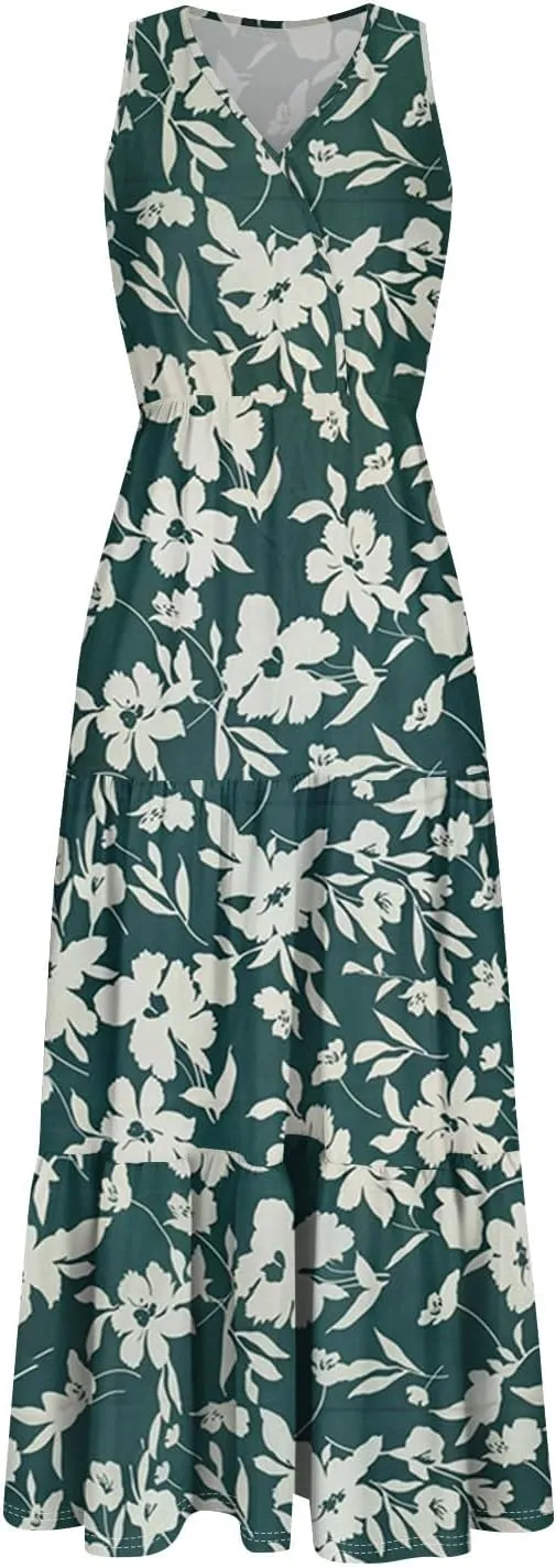 Women's Summer Maxi Dress Casual Boho Floral V Neck Sleeve Ruffle Hem Beach Long Dresses