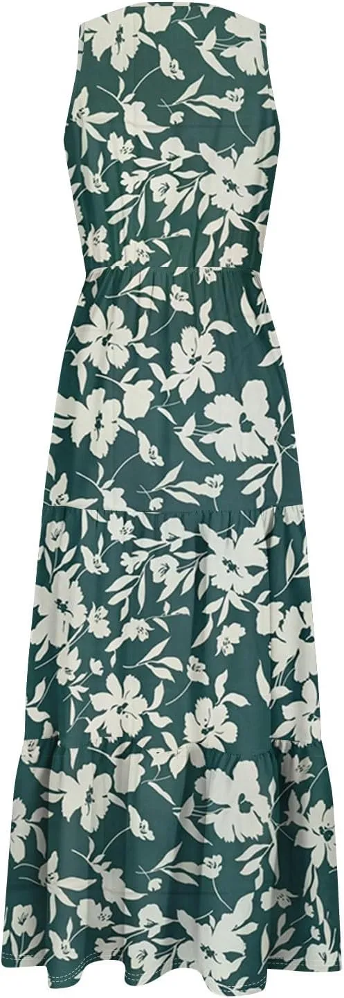 Women's Summer Maxi Dress Casual Boho Floral V Neck Sleeve Ruffle Hem Beach Long Dresses