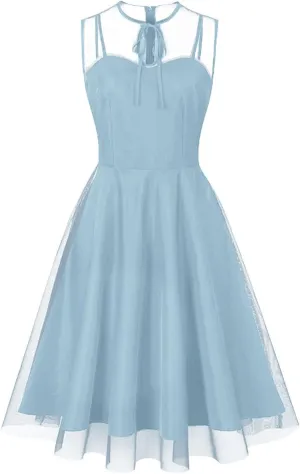 Women's Summer Ruffle Loose Swing Dress Knotted Crew Neck Lace Tulle Dressy Dress Midi Wedding Guest Formal Dresses