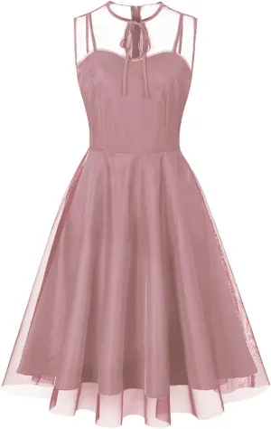Women's Summer Ruffle Loose Swing Dress Knotted Crew Neck Lace Tulle Dressy Dress Midi Wedding Guest Formal Dresses