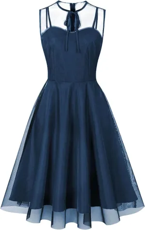 Women's Summer Ruffle Loose Swing Dress Knotted Crew Neck Lace Tulle Dressy Dress Midi Wedding Guest Formal Dresses
