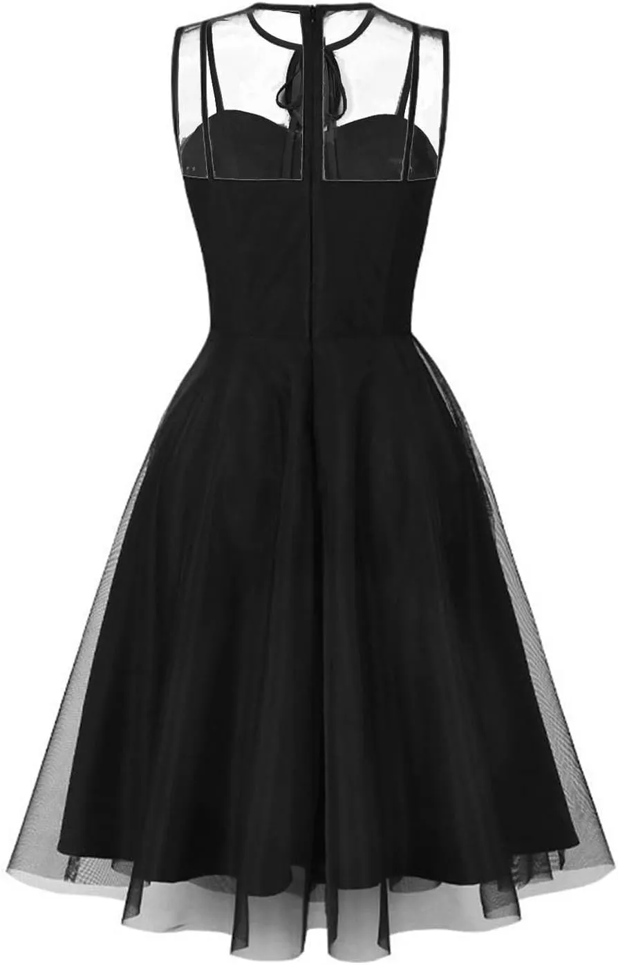 Women's Summer Ruffle Loose Swing Dress Knotted Crew Neck Lace Tulle Dressy Dress Midi Wedding Guest Formal Dresses