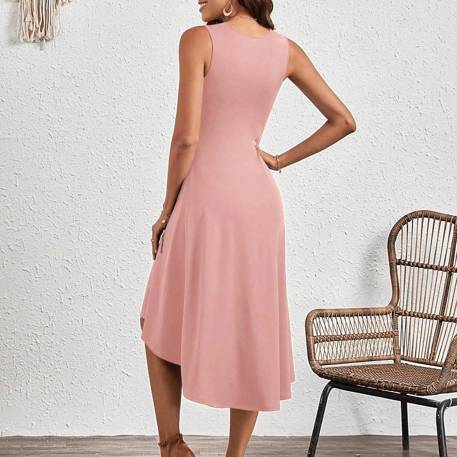 Women's Summer Sleeveless Dresses Ruched Waist Crew Neck A Line High Midi Flowy Dressy Casual Cocktail Party Dress
