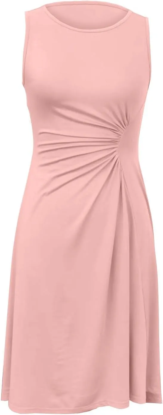 Women's Summer Sleeveless Dresses Ruched Waist Crew Neck A Line High Midi Flowy Dressy Casual Cocktail Party Dress