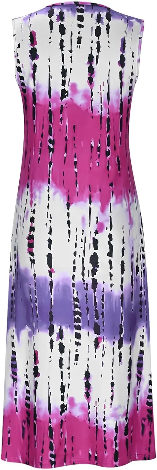Womens Summer Sleeveless Tank Maxi Dress 2025 Fashion Tie Dye Crewneck Beach Dresses Y2K Casual Loose Slits Sundress
