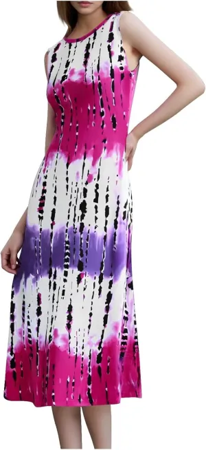 Womens Summer Sleeveless Tank Maxi Dress 2025 Fashion Tie Dye Crewneck Beach Dresses Y2K Casual Loose Slits Sundress