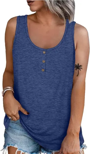 Womens Summer Tops 2023 Sleeveless Henley T-Shirts Tops Casual Button Down Tunics Holiday Going Out Tank Top Tee