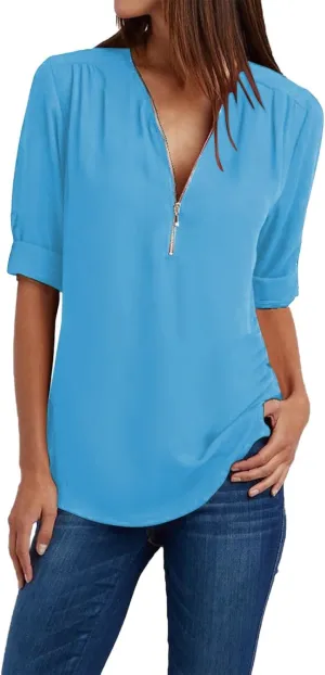 Womens Summer Tops 2025 Plus Size Zip Front 3/4 Sleeve Shirts V Neck Blouses Tunic Top Trendy Dressy Casual Outfits