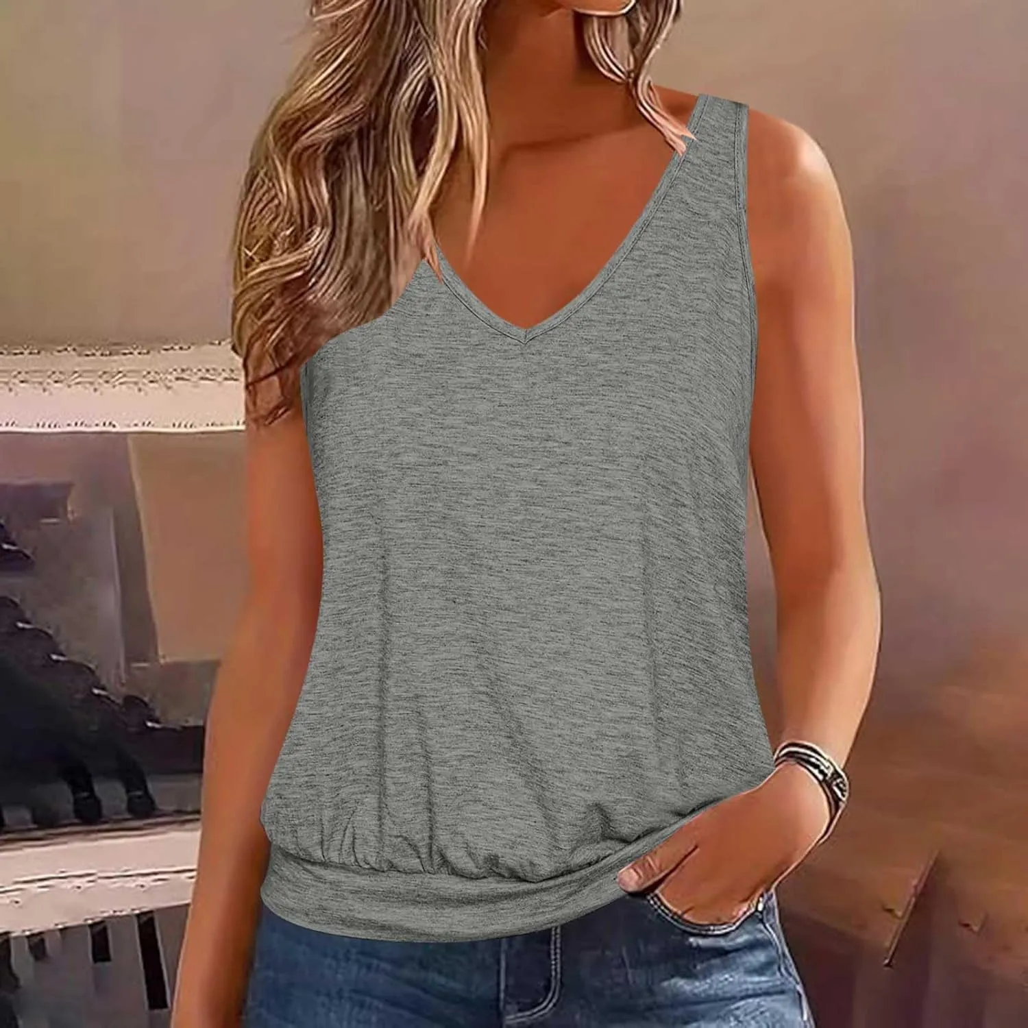 Womens Summer Tops Dressy Casual Banded Bottom Tank Tops Loose Fit V Neck Sleeveless Solid Basic Tee Shirts Blouses