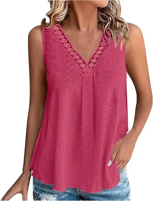Women's Tank Tops Eyelet Embroidery Sleeveless V Neck Tops Loose Fit Casual Summer Flowy Basic Top