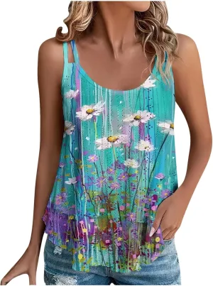 Womens Tank Tops Eyelet Embroidery Top Sleeveless Spaghetti Strap Tops Crew Neck Sexy Loose Fit Casual Summer Tops