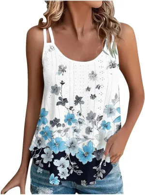 Womens Tank Tops Eyelet Embroidery Top Sleeveless Spaghetti Strap Tops Crew Neck Sexy Loose Fit Casual Summer Tops