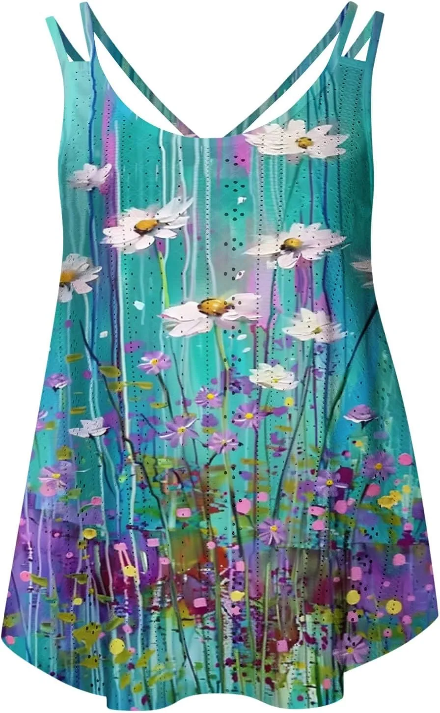 Womens Tank Tops Eyelet Embroidery Top Sleeveless Spaghetti Strap Tops Crew Neck Sexy Loose Fit Casual Summer Tops