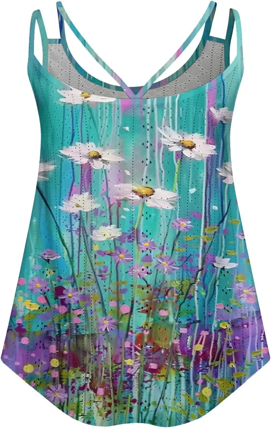 Womens Tank Tops Eyelet Embroidery Top Sleeveless Spaghetti Strap Tops Crew Neck Sexy Loose Fit Casual Summer Tops