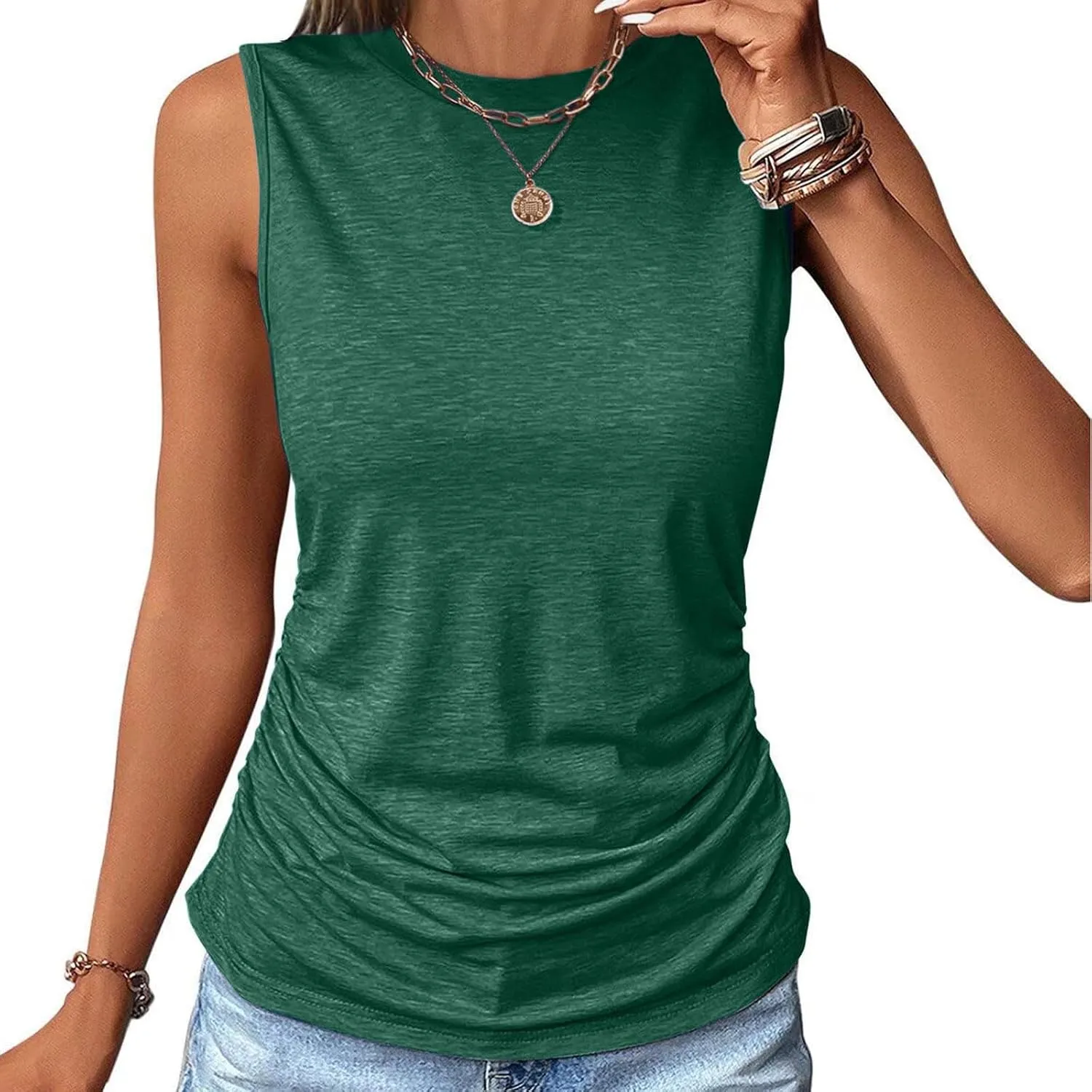 Women's Tank Tops Sleeveless Crew Neck Tee Shirts Summer Solid Color Semi Casual Tops Loose Fit Basic T Shirts