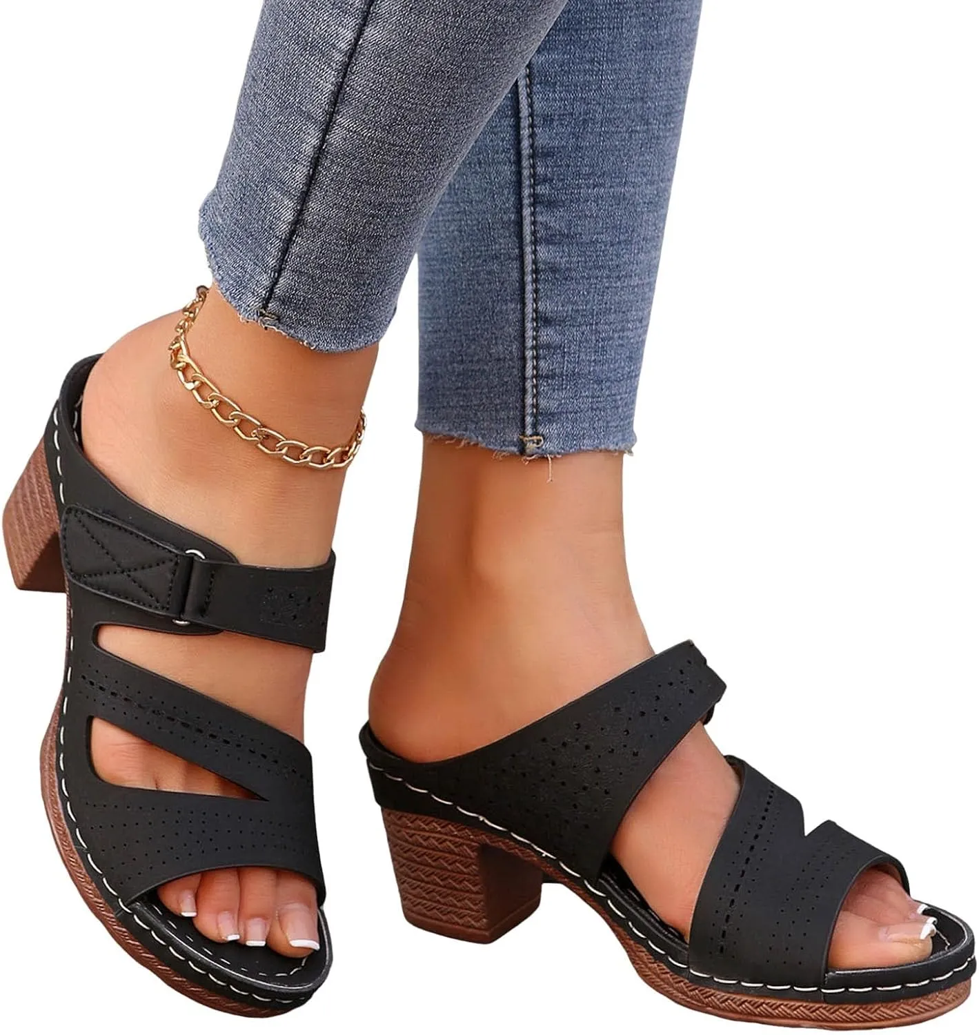 Women's Thick Heel Thick Bottom Fish Mouth Hollow Dew Heel Beach Slippers Casual Women Summer Flat Sandals Beach Shoes