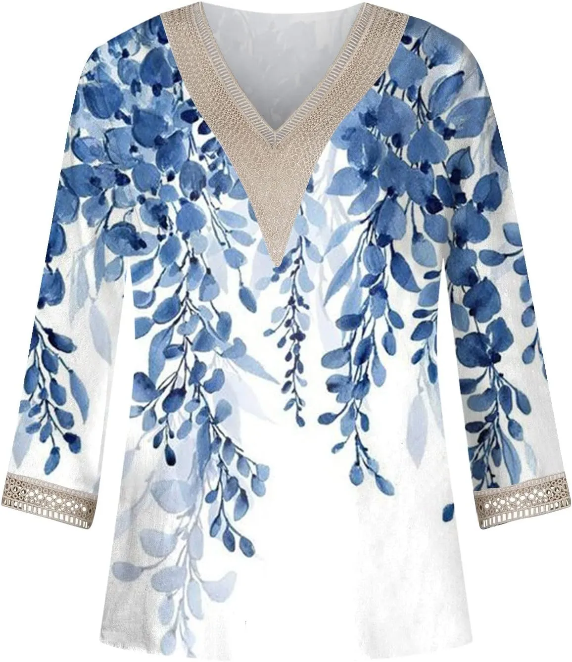Womens Tops 3/4 Sleeve V Lace-Neck Cute Shirts Casual Print Trendy Tops Three Guarter Length T Shirt Spring Summer Pullover