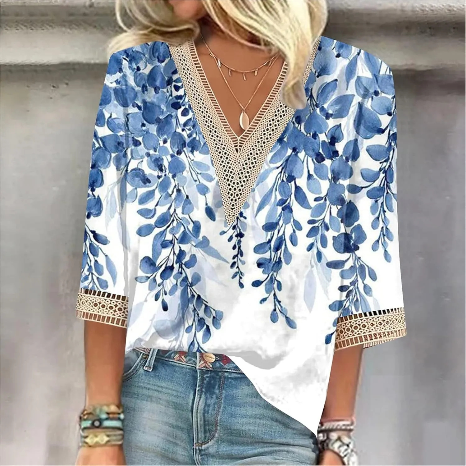 Womens Tops 3/4 Sleeve V Lace-Neck Cute Shirts Casual Print Trendy Tops Three Guarter Length T Shirt Spring Summer Pullover