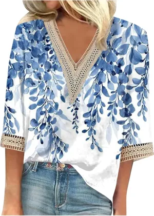 Womens Tops 3/4 Sleeve V Lace-Neck Cute Shirts Casual Print Trendy Tops Three Guarter Length T Shirt Spring Summer Pullover