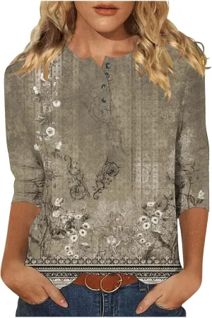 Womens Tops Casual 3/4 Sleeve Shirts Button Down V Neck Tunic Tshirts Summer Vintage Floral Print Henley Blouses Tee