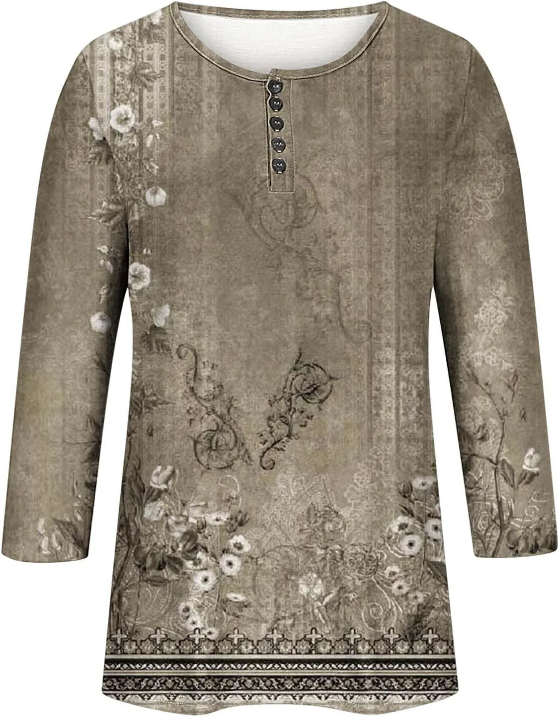 Womens Tops Casual 3/4 Sleeve Shirts Button Down V Neck Tunic Tshirts Summer Vintage Floral Print Henley Blouses Tee