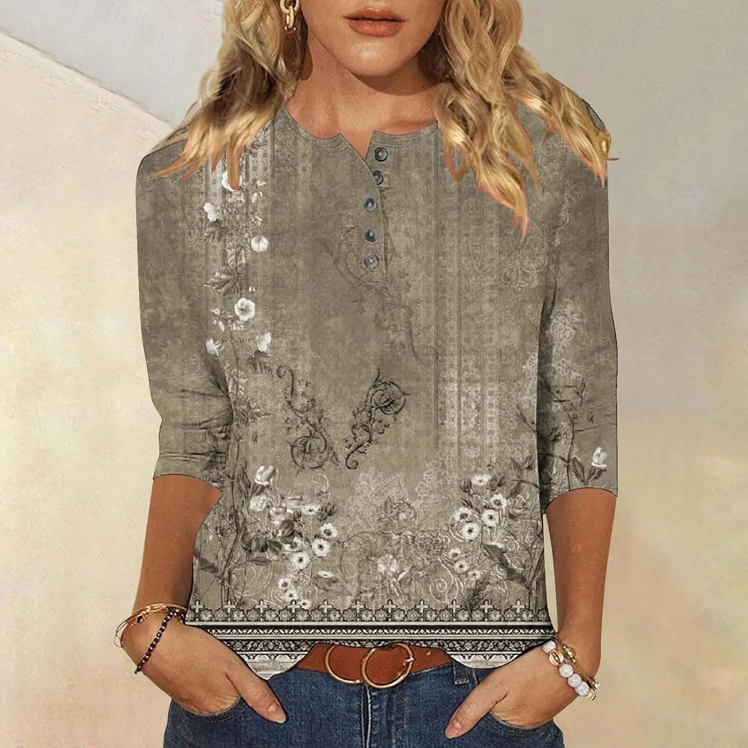 Womens Tops Casual 3/4 Sleeve Shirts Button Down V Neck Tunic Tshirts Summer Vintage Floral Print Henley Blouses Tee