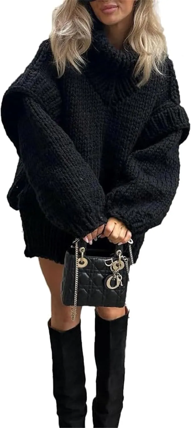 Women's Turtleneck Sweaters Chunky Cable Knit Pullover Casual Solid Long Sleeve Soft Comfy Pullover Jumper Tops