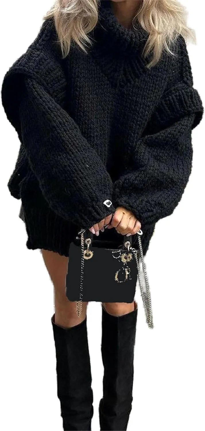 Women's Turtleneck Sweaters Chunky Cable Knit Pullover Casual Solid Long Sleeve Soft Comfy Pullover Jumper Tops