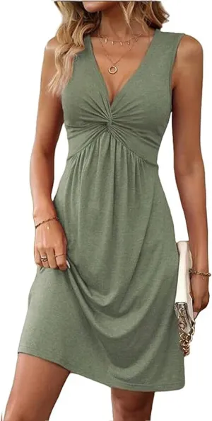 Womens V Neck Sleeveless Tank Dresses Front Knotted Sundress Casual A Line Beach Party Mini Dress Beach Boho Dresses