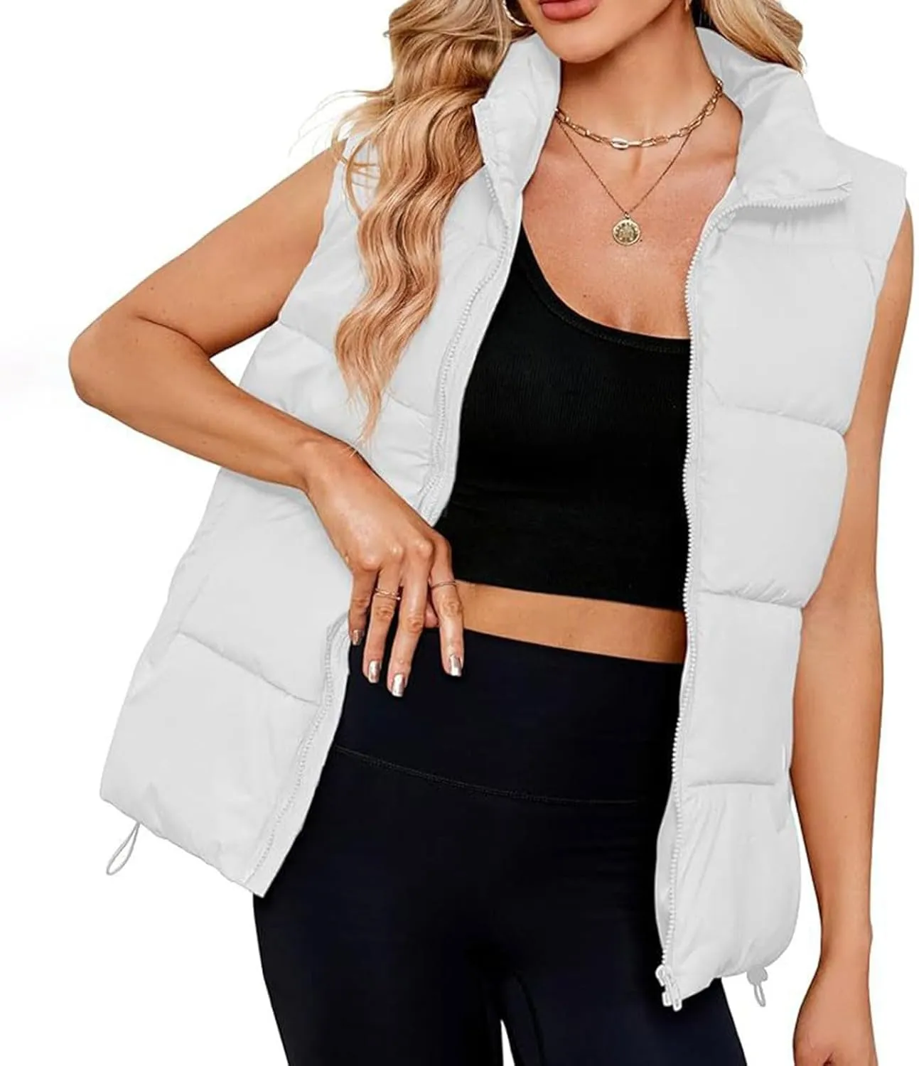Womens Vest Sleeveless Stand Collar Down Jackets Warm Quilted Vest Winter Puffer Coat Zip Up Outwear with Pockets
