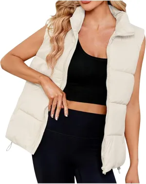 Womens Vest Sleeveless Stand Collar Down Jackets Warm Quilted Vest Winter Puffer Coat Zip Up Outwear with Pockets