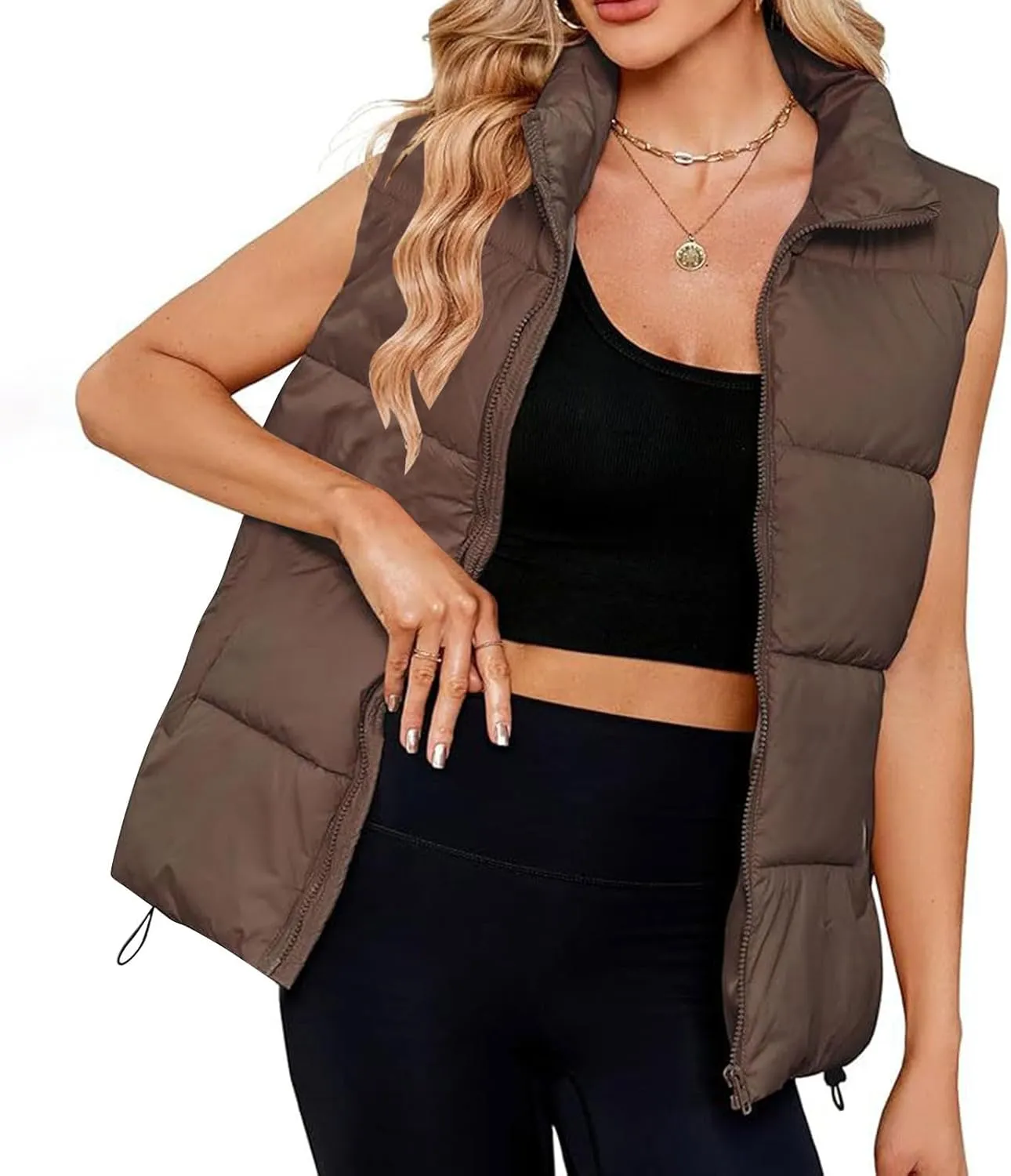 Womens Vest Sleeveless Stand Collar Down Jackets Warm Quilted Vest Winter Puffer Coat Zip Up Outwear with Pockets