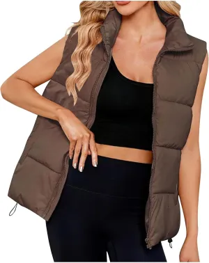 Womens Vest Sleeveless Stand Collar Down Jackets Warm Quilted Vest Winter Puffer Coat Zip Up Outwear with Pockets