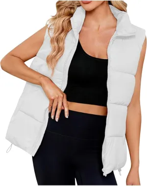 Womens Vest Sleeveless Stand Collar Down Jackets Warm Quilted Vest Winter Puffer Coat Zip Up Outwear with Pockets