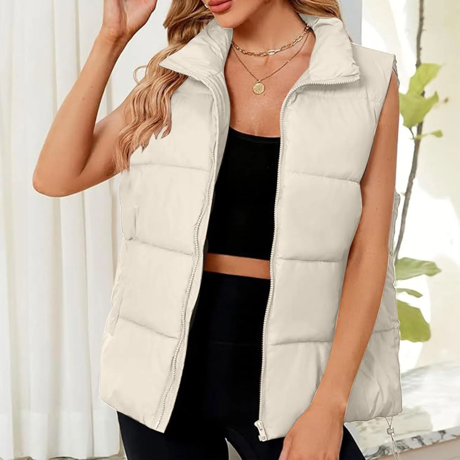 Womens Vest Sleeveless Stand Collar Down Jackets Warm Quilted Vest Winter Puffer Coat Zip Up Outwear with Pockets