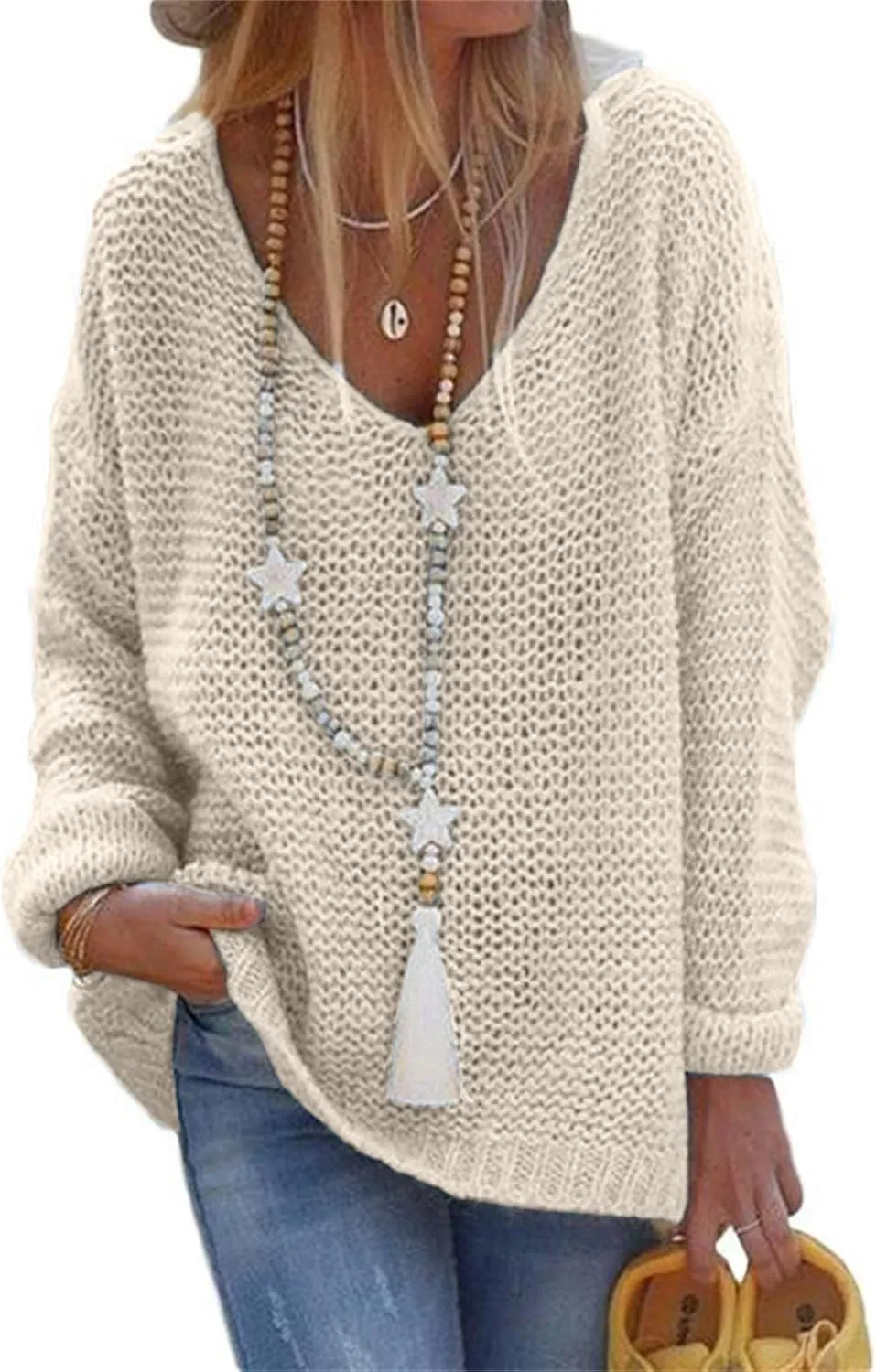 Womens Waffle Knit Long Sleeve V Neck Oversized Sweaters for Women Loose Fit Casual Pullover Sweater