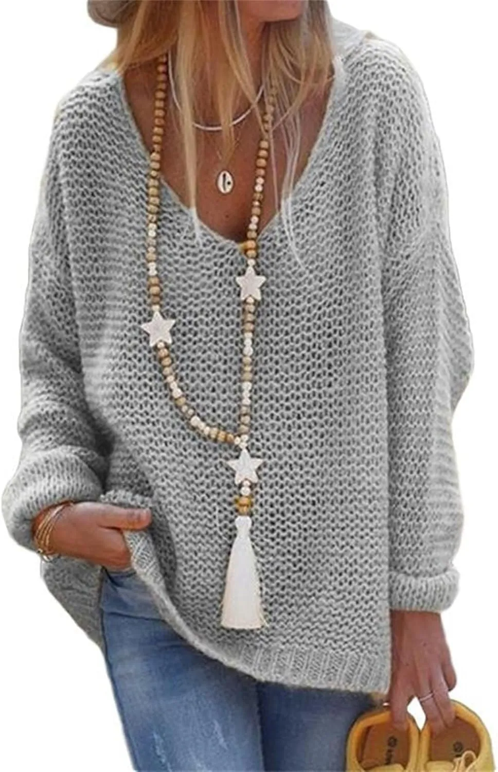 Womens Waffle Knit Long Sleeve V Neck Oversized Sweaters for Women Loose Fit Casual Pullover Sweater